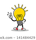 Cute Cartoon Light Bulb Mascot Character Pointing Up with Happy Smile 141484429