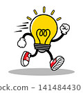Cute Cartoon Light Bulb Mascot Character Running with Bright Idea, 141484430