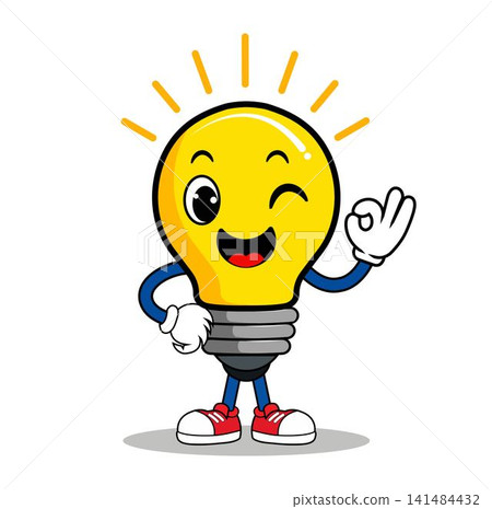 Showing OK Hand Gesture, Happy Smiling Idea Bulb Vector Illustration 141484432