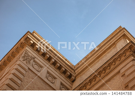 Historic Building Corner with Crescent Moon in Blue Sky Historic Building Corner with Crescent Moon in Blue Sky 141484788