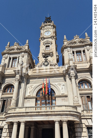 Ornate historic city hall facade with clock tower Ornate historic city hall facade with clock tower 141485484