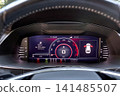 Digital car dashboard with speedometer and open doors 141485507