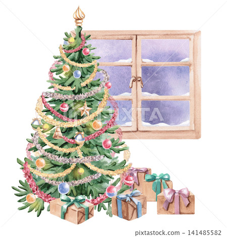 A decorated Christmas tree with gift boxes against a winter window. Isolated watercolor illustration for Christmas cards, children's books, holiday decor, gift wrapping, and horoscopes. A decorated Christmas tree with gift boxes against a winter window. Isolated watercolor illustration for Christmas cards, children's books, holiday decor, gift wrapping, and horoscopes. 141485582