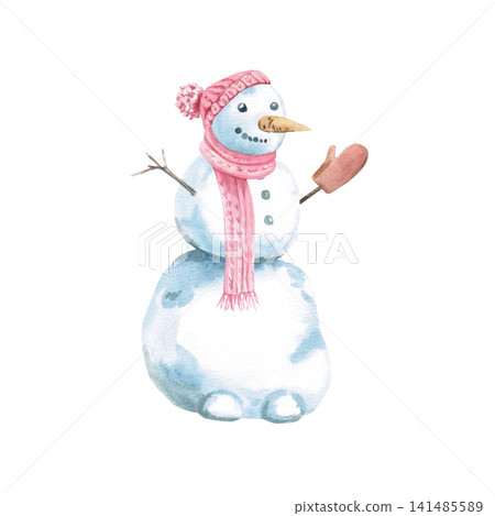 A watercolor illustration of a cheerful snowman wearing a pink hat and scarf. Perfect for Christmas and New Year's cards, children's books, greeting cards, games, holiday decorations, gift wrapping. A watercolor illustration of a cheerful snowman wearing a pink hat and scarf. Perfect for Christmas and New Year's cards, children's books, greeting cards, games, holiday decorations, gift wrapping. 141485589