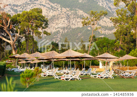 Relaxing beachside loungers under straw umbrellas surrounded by lush greenery and mountains during sunset 141485936