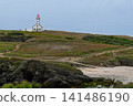 Solitary White Lighthouse on Rugged Coastal Cliffs Overlooking Rocky Beach and Rolling Moorland 141486190