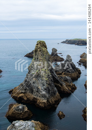 Rugged Sea Stacks and Rocky Coastline Under Overcast Sky With Calm Blue Ocean Horizon Rugged Sea Stacks and Rocky Coastline Under Overcast Sky With Calm Blue Ocean Horizon 141486264