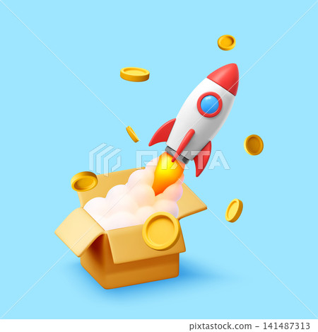 3D Rocket ship launching from box with coins 141487313