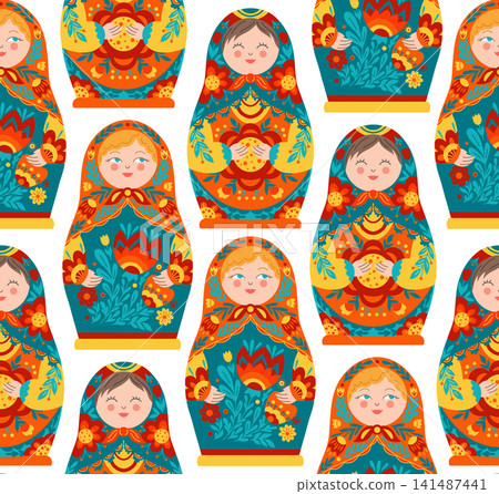 Vector seamless pattern with matryoshka doll in folk art style on white background. Texture with decorative Slavic souvenirs. Vector seamless pattern with matryoshka doll in folk art style on white background. Texture with decorative Slavic souvenirs. 141487441
