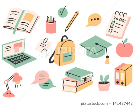 Collection of vector clip art on the theme of school. Back to school. Set of illustrations on the topic of education and learning in a flat style Collection of vector clip art on the theme of school. Back to school. Set of illustrations on the topic of education and learning in a flat style 141487442