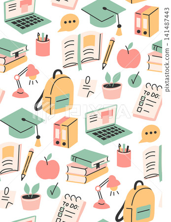 Vector seamless pattern with school objects. Back to school. Texture with illustrations on the topic of education and learning Vector seamless pattern with school objects. Back to school. Texture with illustrations on the topic of education and learning 141487443