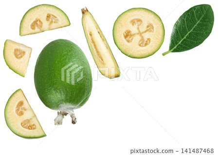 Feijoa fruit isolated on white background. Top view. Flat lay Feijoa fruit isolated on white background. Top view. Flat lay 141487468