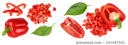 diced of red sweet bell pepper isolated on white background. Top view. Flat lay 141487501