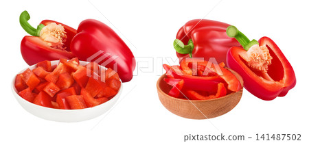 slices of red sweet bell pepper in ceramic bowl isolated on white background with full depth of field slices of red sweet bell pepper in ceramic bowl isolated on white background with full depth of field 141487502
