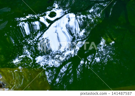 Close-up of the water of the pool in a public park. Clear water with reflection. Water reflection. Nature scene. 141487587