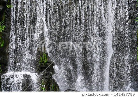 The view of the waterfall in a public park. Splashing Water, water flowing. Nature concept. The view of the waterfall in a public park. Splashing Water, water flowing. Nature concept. 141487799