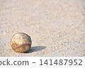 A baseball rolling on a dirt field 141487952