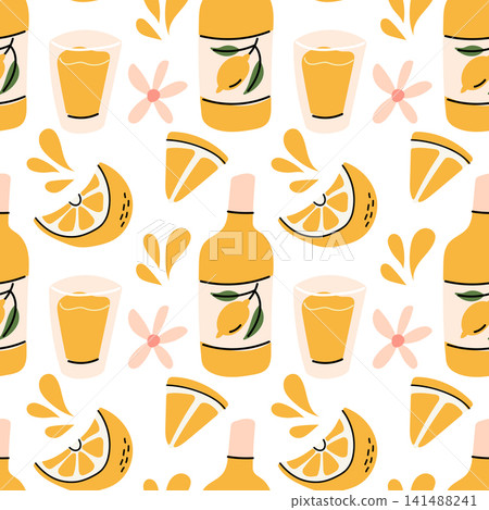 Bright Seamless Lemon Drink Pattern with Bottles Citrus and Flowers Bright Seamless Lemon Drink Pattern with Bottles Citrus and Flowers 141488241
