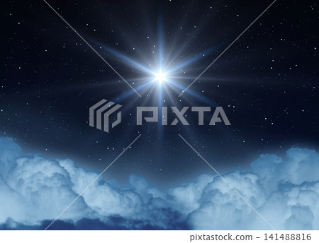 Glowing Star or Christmas Star over the Clouds Shines Brightly in the Starry Night Sky. Glowing Star or Christmas Star over the Clouds Shines Brightly in the Starry Night Sky. 141488816