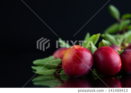 Fresh ripe red plums with green leaves on black background Fresh ripe red plums with green leaves on black background 141489413