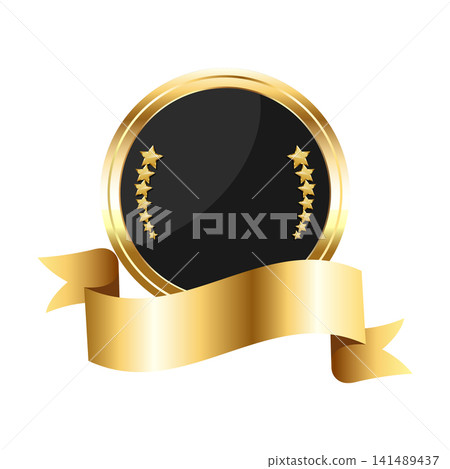 Gold award badge template with a golden ribbon. Awards ceremony template decorated with gold stars. Vector illustration Gold award badge template with a golden ribbon. Awards ceremony template decorated with gold stars. Vector illustration 141489437