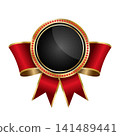 Golden and black glossy award badge with red gems and bow ribbon. Awards ceremony template. Vector illustration 141489441