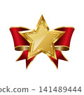 Festive gold star with red bow ribbon. Ornate template design. Vector illustration 141489444