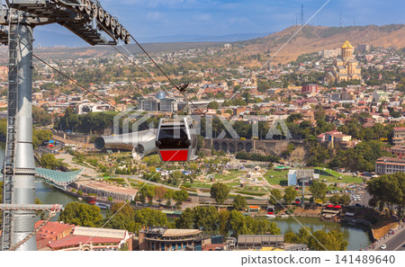 Cable Car Cabin Above Rike Park and City Skyline in Tbilisi, Georgia 141489640
