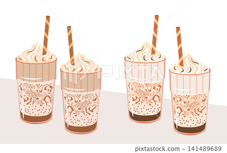 Iced coffee vector illustration set. Ribbed glasses of delicious frappe coffee drink with caramel, whipped cream and straws on white background. Mocha beverage cartoon clipart for menu design, poster Iced coffee vector illustration set. Ribbed glasses of delicious frappe coffee drink with caramel, whipped cream and straws on white background. Mocha beverage cartoon clipart for menu design, poster 141489689