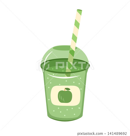 Apple smoothie vector illustration. Refreshing summer drink in a green plastic takeaway cup with dome lid, striped straw and label isolated on white background. Fruit beverage for menu, poster Apple smoothie vector illustration. Refreshing summer drink in a green plastic takeaway cup with dome lid, striped straw and label isolated on white background. Fruit beverage for menu, poster 141489692