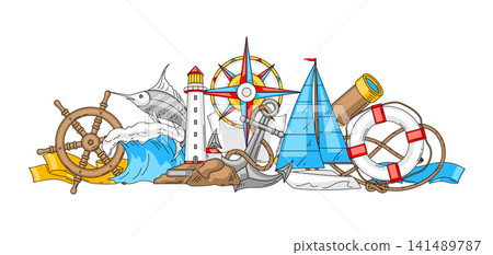 Nautical symbols design. Travel and tourism background. Retro style conceptual illustration. Nautical symbols design. Travel and tourism background. Retro style conceptual illustration. 141489787