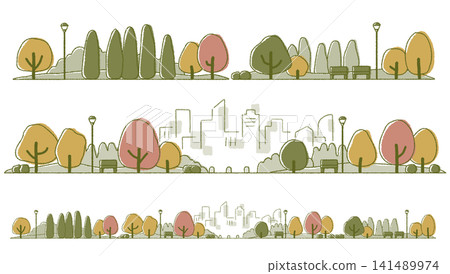 Autumn city park and cityscape with warm, hand-drawn illustrations. Autumn city park and cityscape with warm, hand-drawn illustrations. 141489974