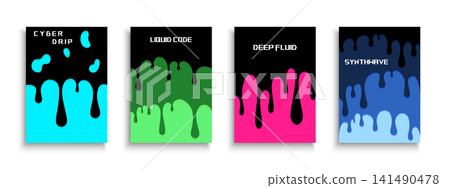 Futuristic business brochure covers with neon cyberpunk liquid drips. Tech abstract corporate layout set with creative dark fluid wave shapes for digital presentation banner and music poster Futuristic business brochure covers with neon cyberpunk liquid drips. Tech abstract corporate layout set with creative dark fluid wave shapes for digital presentation banner and music poster 141490478