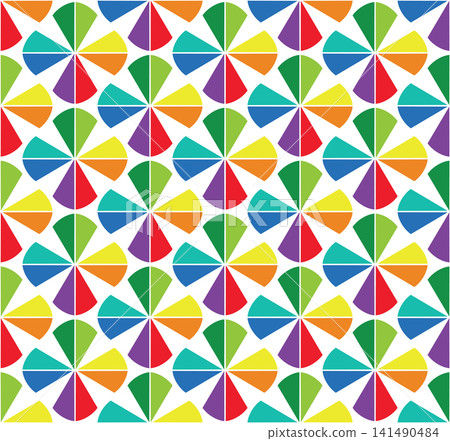 Bright colorful seamless geometric pattern with abstract pinwheel shapes. Retro 80s kaleidoscope vector background and trendy children textile print set for funny kids fabric and wrapping paper 141490484