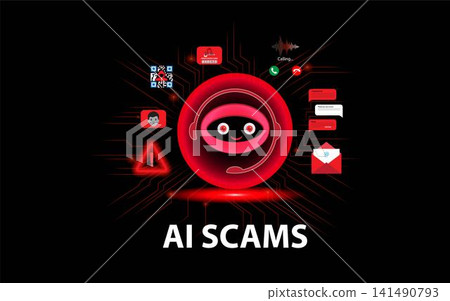 AI tech warning or scam concept. Cybersecurity threats, artificial intelligence risks, online privacy invasion, voice and face impersonation, network system. AI tech warning or scam concept. Cybersecurity threats, artificial intelligence risks, online privacy invasion, voice and face impersonation, network system. 141490793
