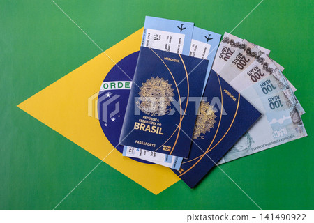 Brazil, Brazilian passport or id document with tickets for flight, travel. Brazilian passport Brazil, Brazilian passport or id document with tickets for flight, travel. Brazilian passport 141490922