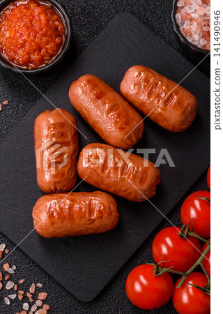 Chicken or pork grilling sausages with garlic, salt, and spices. Grilling sausages Chicken or pork grilling sausages with garlic, salt, and spices. Grilling sausages 141490946