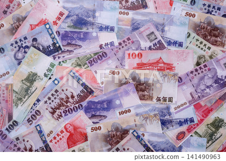 Taiwan, Taiwanese paper banknotes and coins, dollars of various denominations. Taiwanese dollars Taiwan, Taiwanese paper banknotes and coins, dollars of various denominations. Taiwanese dollars 141490963