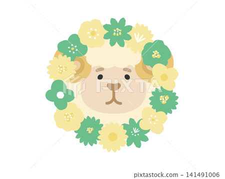Sheep and flower round frame illustration Sheep and flower round frame illustration 141491006