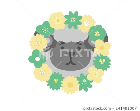 Illustration of a black sheep and a round frame with flowers. 141491007