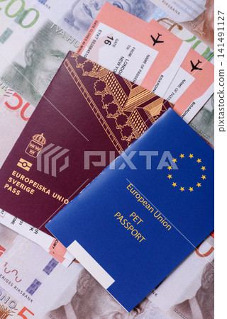 Sweden, swedish passport or id document with tickets for flight, travel. Swedish passport Sweden, swedish passport or id document with tickets for flight, travel. Swedish passport 141491127