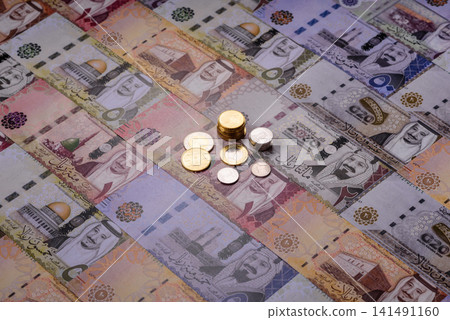 Saudi Arabia paper money, riyal banknotes and coins as currency for exchange. Saudi Arabia money 141491160