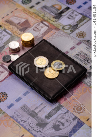 Saudi Arabia paper money, riyal banknotes and coins as currency for exchange. Saudi Arabia money 141491184
