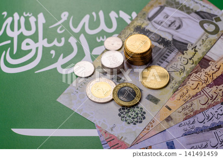 Saudi Arabia paper money, riyal banknotes and coins as currency for exchange. Saudi Arabia money 141491459