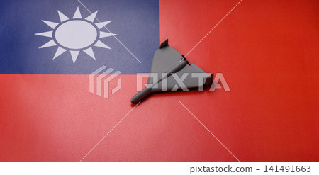 A Shahed drone featuring a prohibition symbol on the taiwanese flag as a conceptual background 141491663