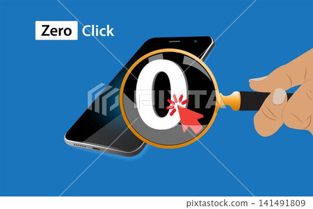 Zero-click attack concept. Magnifying glass focuses on a zero symbol and arrow above a smartphone, hidden vulnerabilities to malware and spyware attacks. Zero-click attack concept. Magnifying glass focuses on a zero symbol and arrow above a smartphone, hidden vulnerabilities to malware and spyware attacks. 141491809