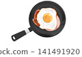 An illustration of a frying pan with a delicious-looking fried egg, sausage, and ham on top. 141491920
