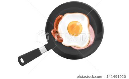 An illustration of a frying pan with a delicious-looking fried egg, sausage, and ham on top. An illustration of a frying pan with a delicious-looking fried egg, sausage, and ham on top. 141491920