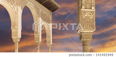 Arches in Islamic (Moorish) style (against the sunset) in Alhambra, Granada, Spain Arches in Islamic (Moorish) style (against the sunset) in Alhambra, Granada, Spain 141491949
