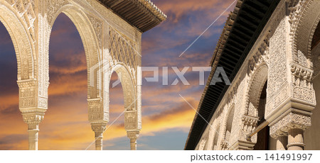 Arches in Islamic (Moorish) style (against the sunset) in Alhambra, Granada, Spain Arches in Islamic (Moorish) style (against the sunset) in Alhambra, Granada, Spain 141491997